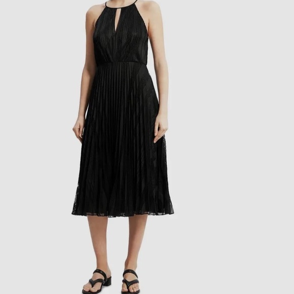 Theory Pleated A-line Midi Dress Black Mesh Lace w Skinny Straps & Front Keyhole - Picture 4 of 14